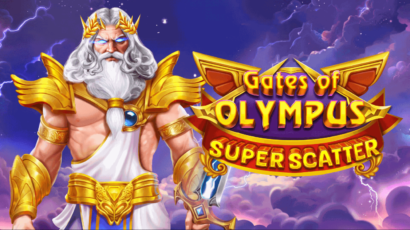 Zeus in goldener Rüstung über dem 6x5-Feld von Gates of Olympus Super Scatter, umringt von Sturmwolken, Blitzen und Edelstein-Symbolen
